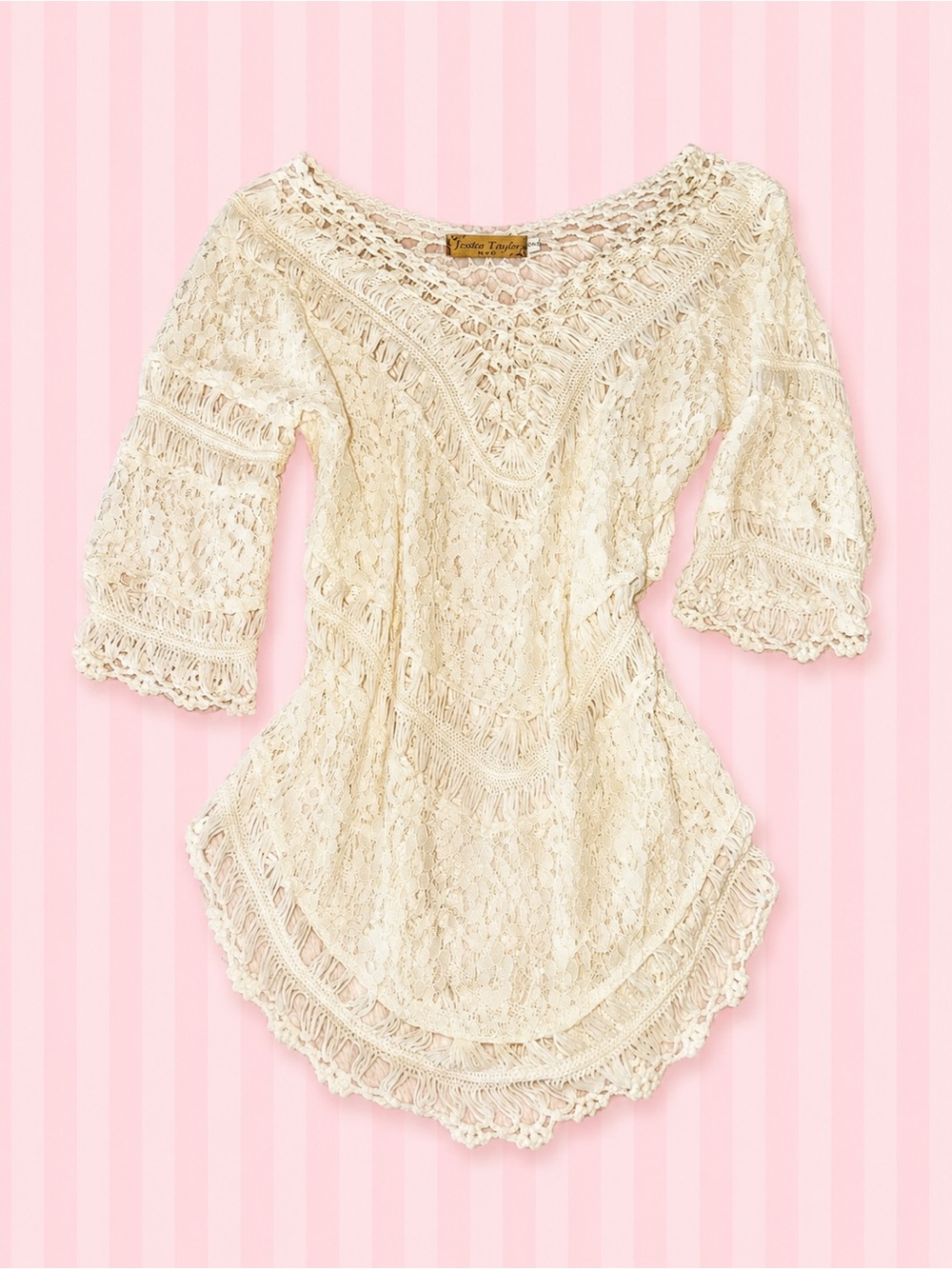 Jessica Taylor NYC Cream Crochet Lace Boho Tunic Top – One Size